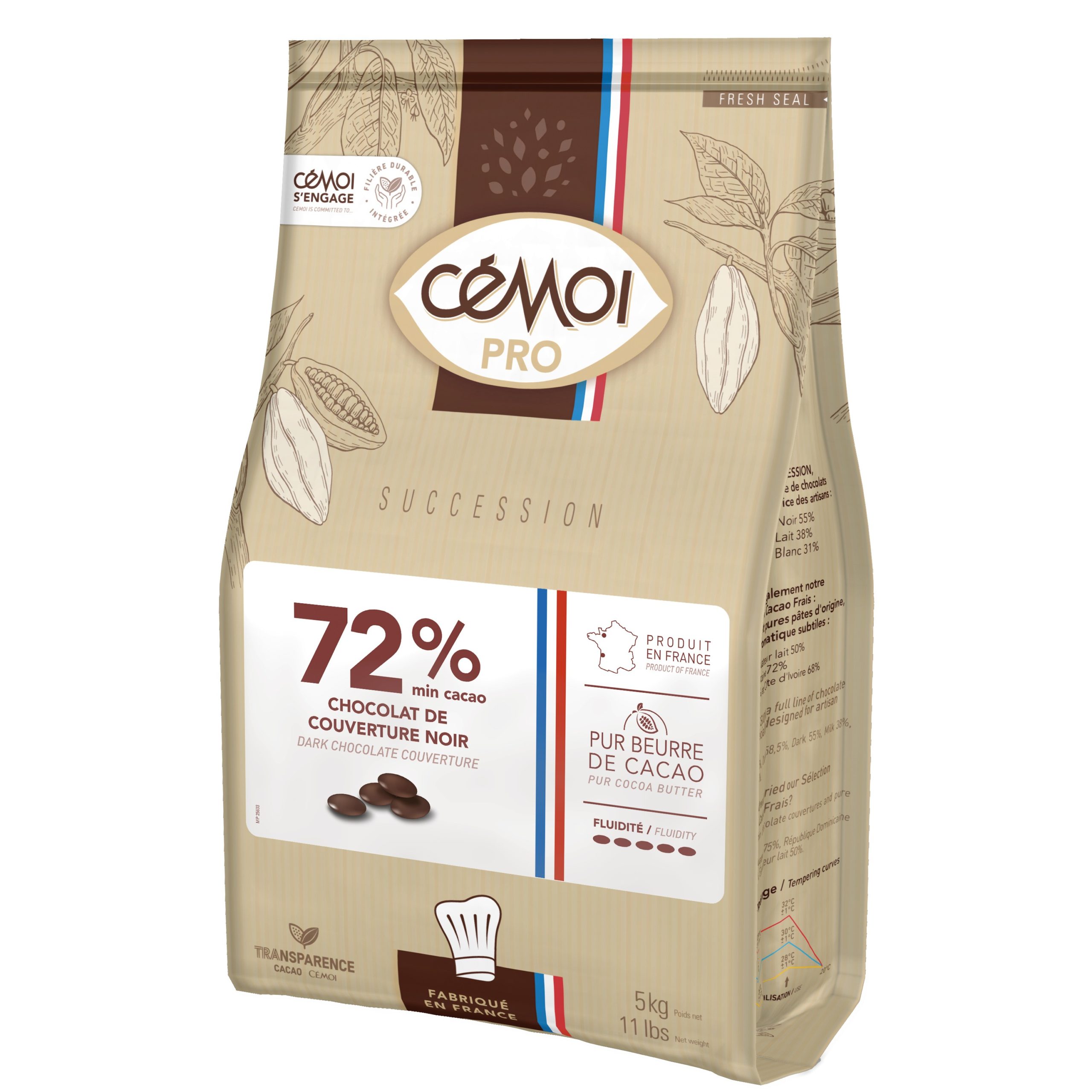 Accompagnement chocolat noir 72 % - CEMOI - Tubo de 800 g